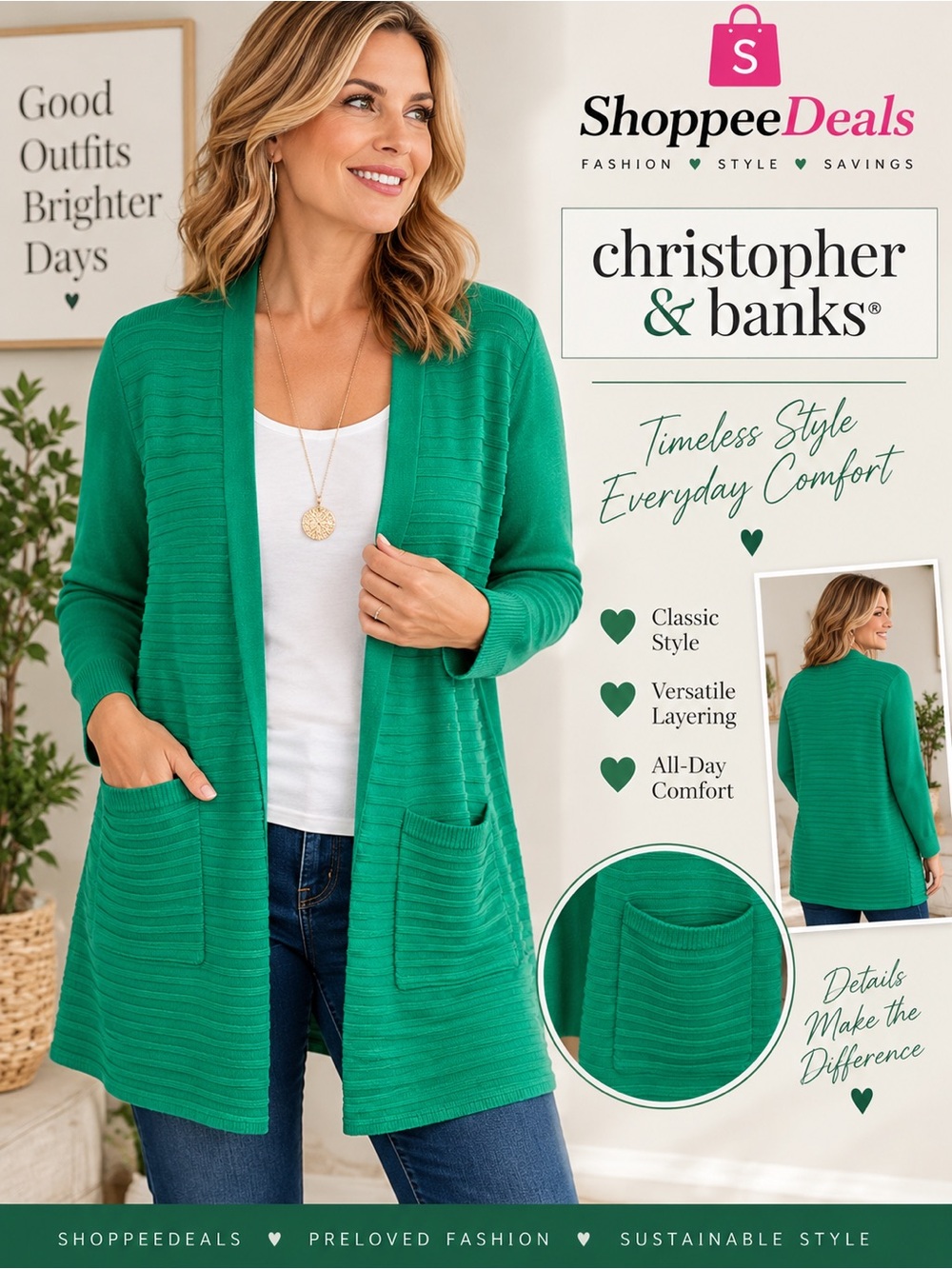 Christopher & Banks Green Open-Front Cardigan With Pockets Women’s 1X